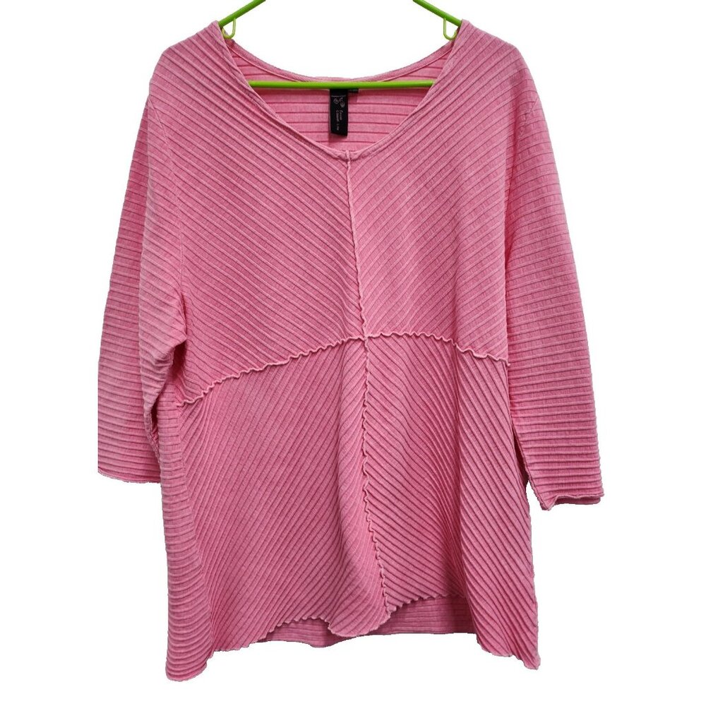 Focus Womens Lagenlook Tunic Top Large Pink Ribbed 3/4 Sleeve Coastal Casual